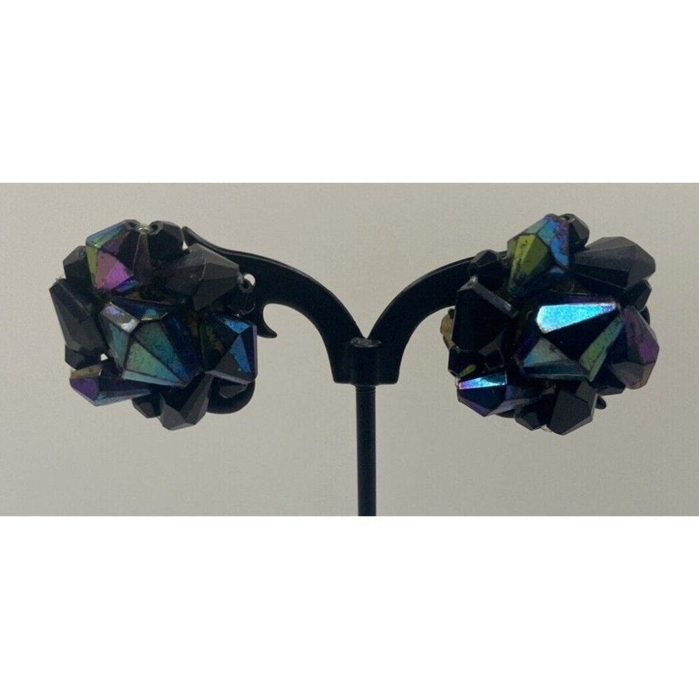 Vintage Clip on Earrings Black Glass Oil Slick West German Beads Peacock Retro - Picture 5 of 10